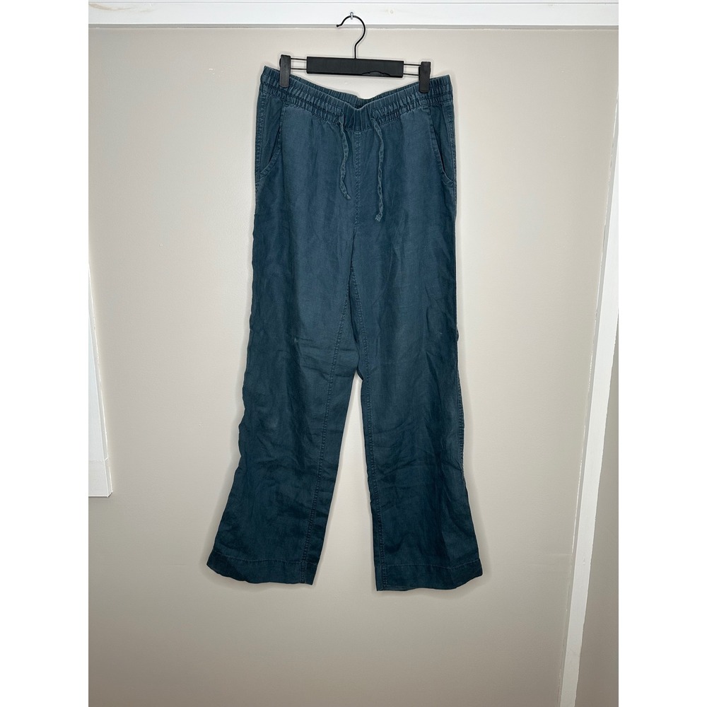 L.L. Bean Linen Wide Leg Pants Womens 10 Teal Blue Good Elastic Waist Drawstring
